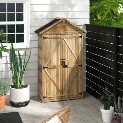 Outsunny Wooden Garden Shed, Outdoor Storage Cabinet with Lockable Doors, Natural
