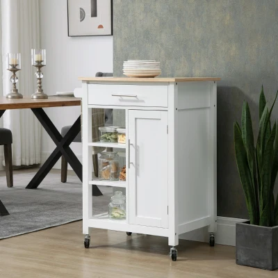 HOMCOM Rolling Kitchen Island Cart with Storage & Wood Top, White