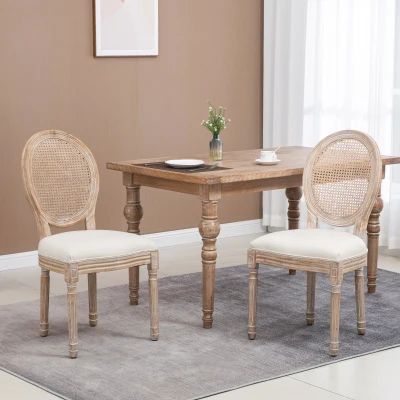 HOMCOM Upholstered Dining Chair Set, Rattan Backrest, Cream White