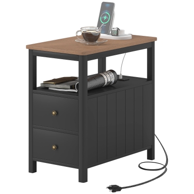 HOMCOM Black Side Table with Charging Station, Drawers & Shelf
