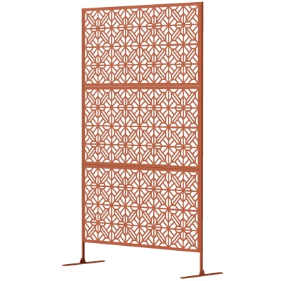 Outsunny Decorative Outdoor Privacy Panel with Stand, Freestanding Metal Outdoor Divider for Garden, Backyard, Deck, Brown
