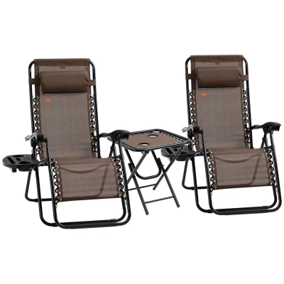 Outsunny Zero Gravity Chair Set of 2 Patio Chair with Side Table Cupholders and Pillows for Pool, Backyard, Lawn, Beach, Brown