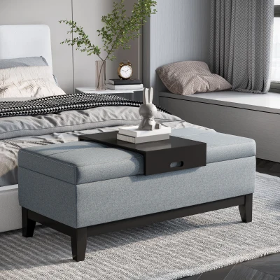 HOMCOM 42" Storage Ottoman Bench, Gray Linen with Tray