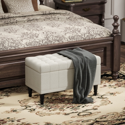 HOMCOM Storage Ottoman, Linen Fabric End of Bed Bench with Button Tufted Storage Bench for Bedroom, Beige
