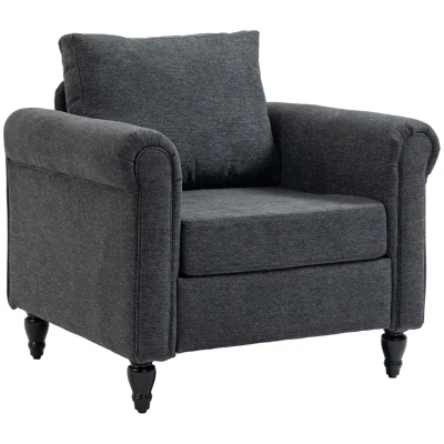 HOMCOM Vintage Armchair, Upholstered Accent Chair with Rolled Arms, Gourd-Shaped Rubber Wood Legs, Dark Grey