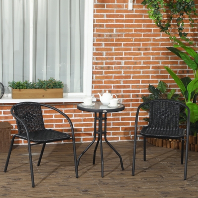 Outsunny 3 Pieces Outdoor Wicker Furniture Set with 2 Stackable Chairs, Tempered Glass Coffee Table for Garden, Backyard, Black