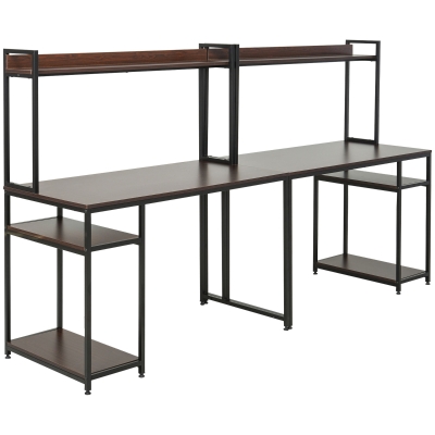 HOMCOM 94.5in Industrial Double Desk with Hutch, Brown Wood