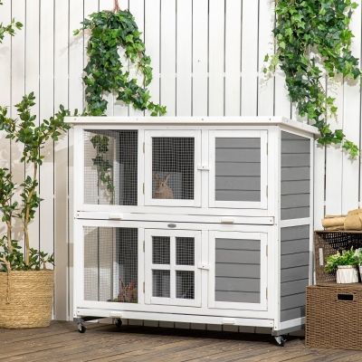 PawHut 2 Tier Wooden Rabbit Hutch with Wheels, Waterproof Roof, Removable Tray for Outdoor & Indoor, Dark Grey