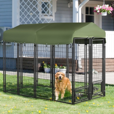 PawHut Outdoor Dog Kennel, Lockable Pet Playpen Crate, Welded Wire Steel Fence, Rotating Bowl Holders, Green