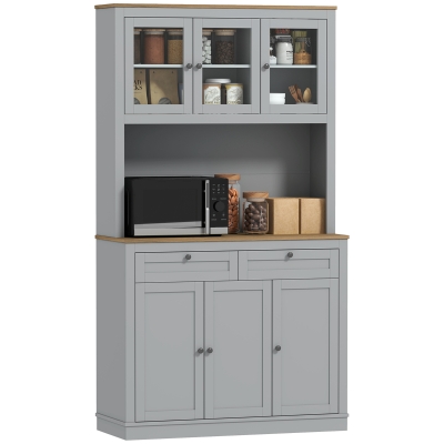 HOMCOM 71" Pantry Cabinet with Microwave Space, Buffet with Hutch, 2 Drawers, Adjustable Shelves and Glass Doors, Grey