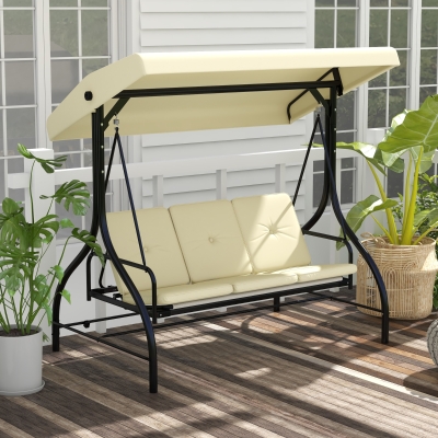Outsunny Convertible Patio Swing Bed with Canopy and Cushions, 3 Seater Porch Swing for Outdoor, Backyard, Garden, Beige