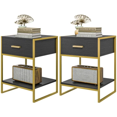 HOMCOM Modern Nightstand Set Of 2, Small Bedside Table with Drawer, Shelf and Steel Frame for Bedroom, Black