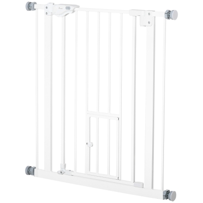 PawHut Pet Gate Extra Wide Press-Mounted with Cat Door, Auto Closing Pet Gate for Stair, Hallway, 29-32 Inch, White