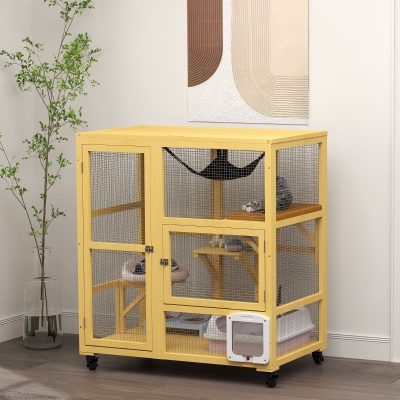 PawHut Cat Condo Wooden Indoor Cat House on Wheels with Cat Flap Door Platforms Hammock Openable Top for 2 Cats, Yellow