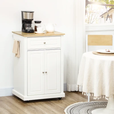 HOMCOM Rolling Kitchen Island Cart, Portable Trolley Table, Cream White
