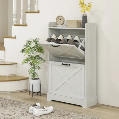 HOMCOM Farmhouse Shoe Cabinet, 2 Flip Drawers, Adjustable Shelves, White