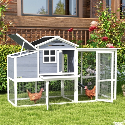 PawHut 76" Wooden Chicken Coop with Outdoor Run, Nesting Box, Removable Tray and Lockable Doors, Grey