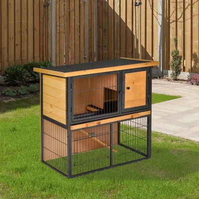 PawHut Wooden Rabbit Hutch, Metal Frame, Outdoor, Light Yellow