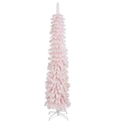 HOMCOM 6ft Snow-Flocked Artificial Christmas Tree, Slim Pencil Xmas Tree with 395 Realistic Branches, Metal Base, Pink