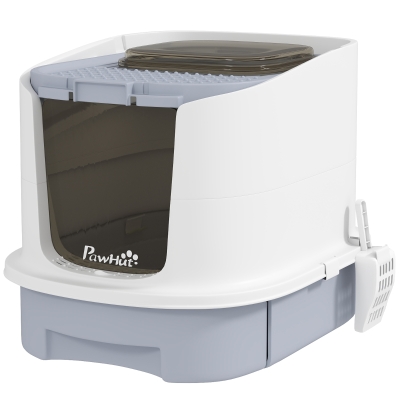 PawHut Enclosed Cat Litter Box with Lid, Scoop, Top Entry, Deodorization Bags, Drawer Type Cat Litter Tray, Easy to Clean, Grey