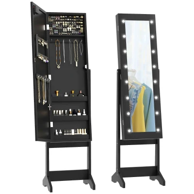 HOMCOM Free Standing Armoire Organizer, Lighted Mirrored Jewelry Cabinet w/ Angle Adjustable & 16 LED Lights Black