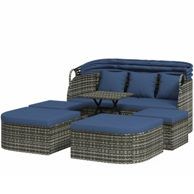 Outsunny 6-Piece Patio Set, PE Rattan Outdoor Daybed with Canopy and Lift up Coffee Table, Conversation Sofa Sets w/ Footstools