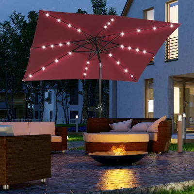 Outsunny 9' Solar Umbrella, LED Lighted Outdoor Umbrella, Wine Red