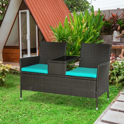 Outsunny Outdoor Patio Loveseat Set, 2-Person with Coffee Table, Blue