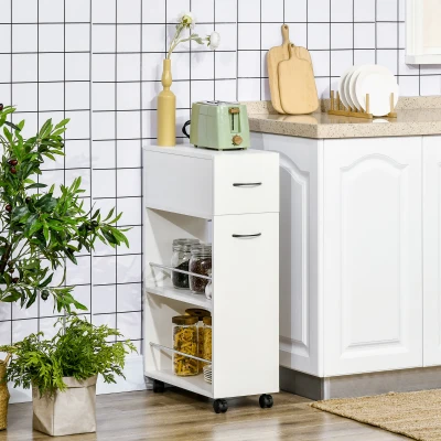 HOMCOM 3-Tier Rolling Slim Storage Cart for Kitchen/Bathroom, White