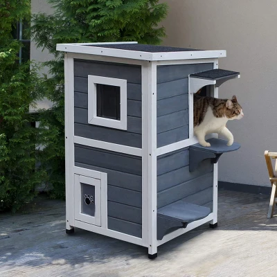 PawHut 2-Story Weatherproof Cat House, Dark Gray