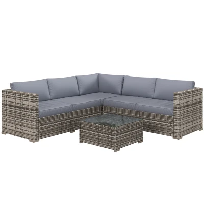 Outsunny 4 Pieces Rattan Wicker Outdoor Conversation Furniture Set w/ Corner Sofa Loveseats Coffee Table Cushions, Grey