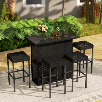 Outsunny 5 Pieces Patio Bar Set, Outdoor PE Rattan Wicker High Top Outdoor Table and Chairs Outdoor Bar Set with Tempered Glass Top Bar Table and Shelves, 4 Bar Chairs, Black