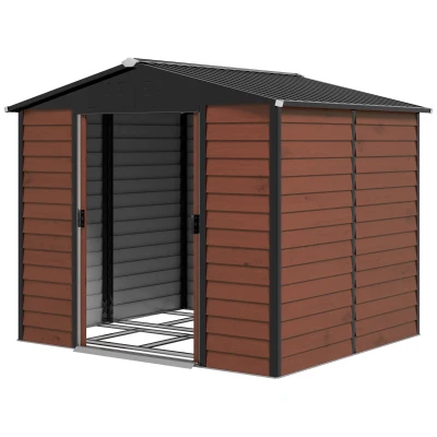 Outsunny 8' x 7' Outdoor Storage Shed, Galvanized Steel Metal Garden Shed with Lockable Doors, Floor Frame, Vents, Lock and Gloves for Backyard, Lawn, Patio, Teak