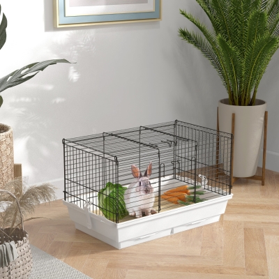 PawHut Guinea Pig Cage with Bottom Wood Board, Rabbit Cage Bunny Hedgehog Enclosure with 2 Sliding-Out Trays, Doors, 24" x 15" x 16"
