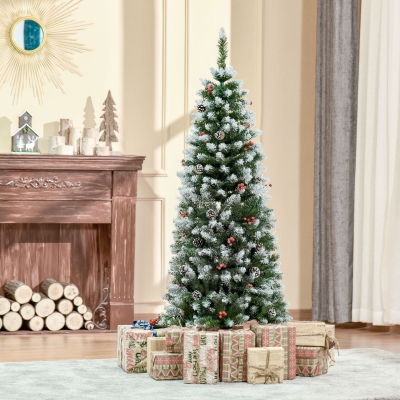 HOMCOM 5ft Decorated Christmas Tree with Red Berries and Pine Cones, Flocked Christmas Tree with Pencil Shape, Green