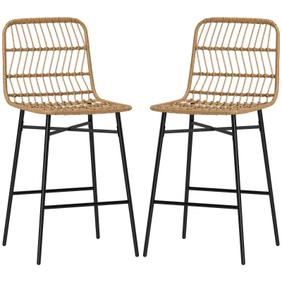 HOMCOM Rattan Counter Height Bar Stools Set of 2, 26" Counter Stools with Back, Modern Bar Chairs for Kitchen Island, Brown