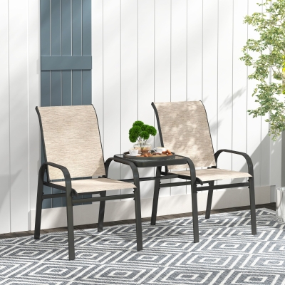 Outsunny Outdoor Loveseat with Glass Table, Garden Patio Bench with Breathable Mesh Seat, High Back, Armrests, Brown