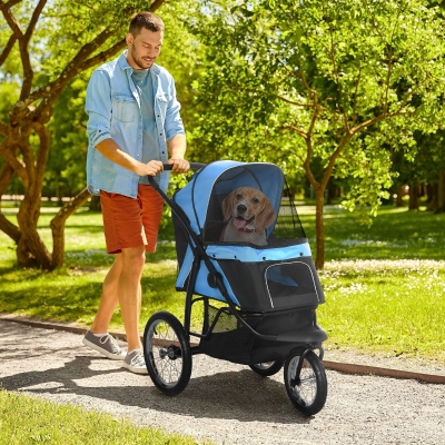 PawHut 3 Big Wheels Pet Stroller for Small, Medium Dogs, Cat Stroller Travel Folding Carrier with Adjustable Canopy, Blue