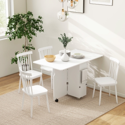 HOMCOM Folding Dining Table with Storage, Drop Leaf Kitchen Table on Wheels with Box, Shelves and Towel Racks, White