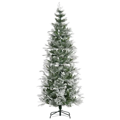 HOMCOM 7.5 Feet Pencil Snow Flocked Artificial Christmas Tree with 880 Realistic Cypress Branches, Auto Open, Green