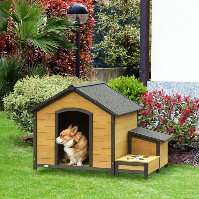 PawHut Wooden Outdoor Dog House, Cabin-Style for Dogs Up to 66 lbs.