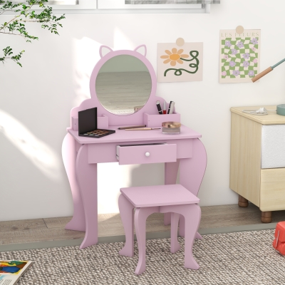Qaba Makeup Vanity with Mirror and Stool, Cat Design, Drawer, Storage Boxes, for 3-6 Years Old, Pink
