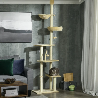 PawHut Adjustable Cat Tree, 90.5"-98.5" Height, Beige
