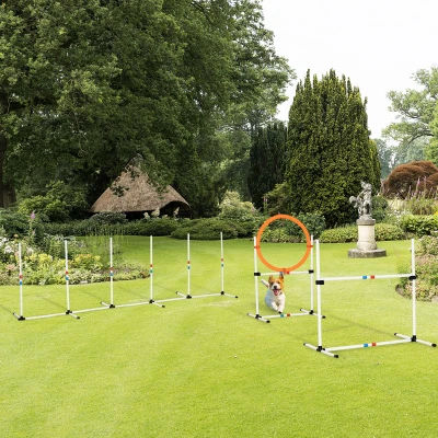 PawHut 3PC Dog Agility Set, Hurdle, Hoop, Weave Poles