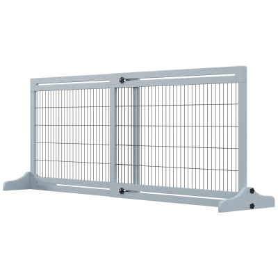 PawHut 41"-72" Wooden Freestanding Pet Gate with Support Feet, for Small Medium Dogs, Grey-Blue