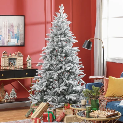 HOMCOM 7ft Flocked Artificial Christmas Tree with Snow Tips, Hinged