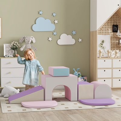 Qaba 7 Piece Indoor Soft Play for Toddlers Climb and Crawl - Pink/ Purple