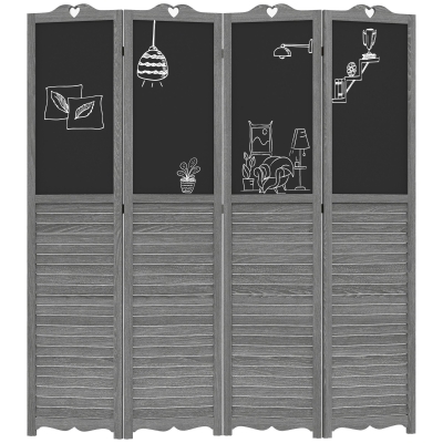 HOMCOM 4-Panel Wooden Folding Room Divider with Blackboard, Gray