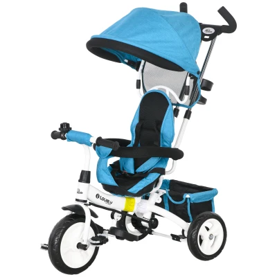 Qaba 6 in 1 Toddler Tricycle Stroller with Basket, Canopy, 5-point Safety Harness, for 12-60 Months, Blue