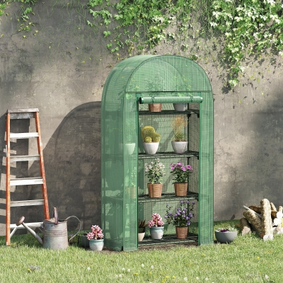 Outsunny Outdoor Mini Greenhouse, Portable Green House with Storage Shelves, Zippered Door, PE Cover, 31.5" x 19.3" x 63", Green